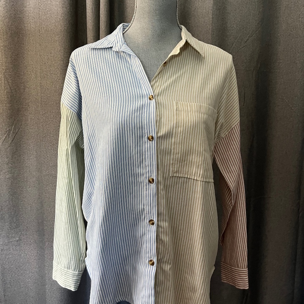 Acoa Colorblock Pinstripe Button Up Shirt